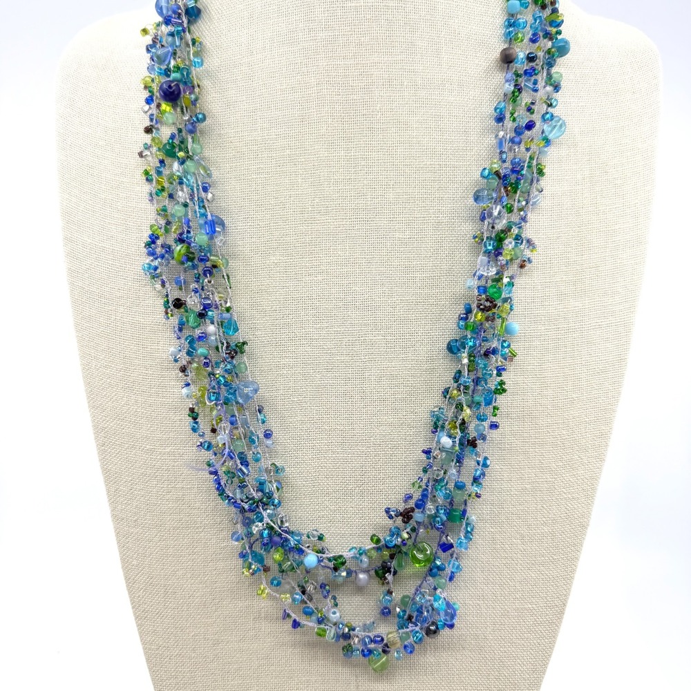 Boho Multi-Strand Blue Green Seed Bead Crochet Necklace - Festival Gift